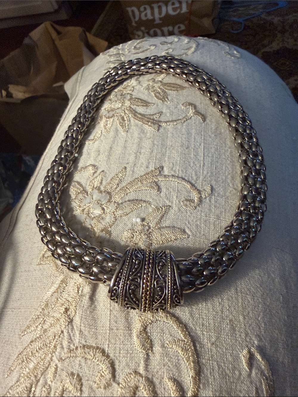 Chunky Silver Braided Collar Necklace with Ornate Clasp